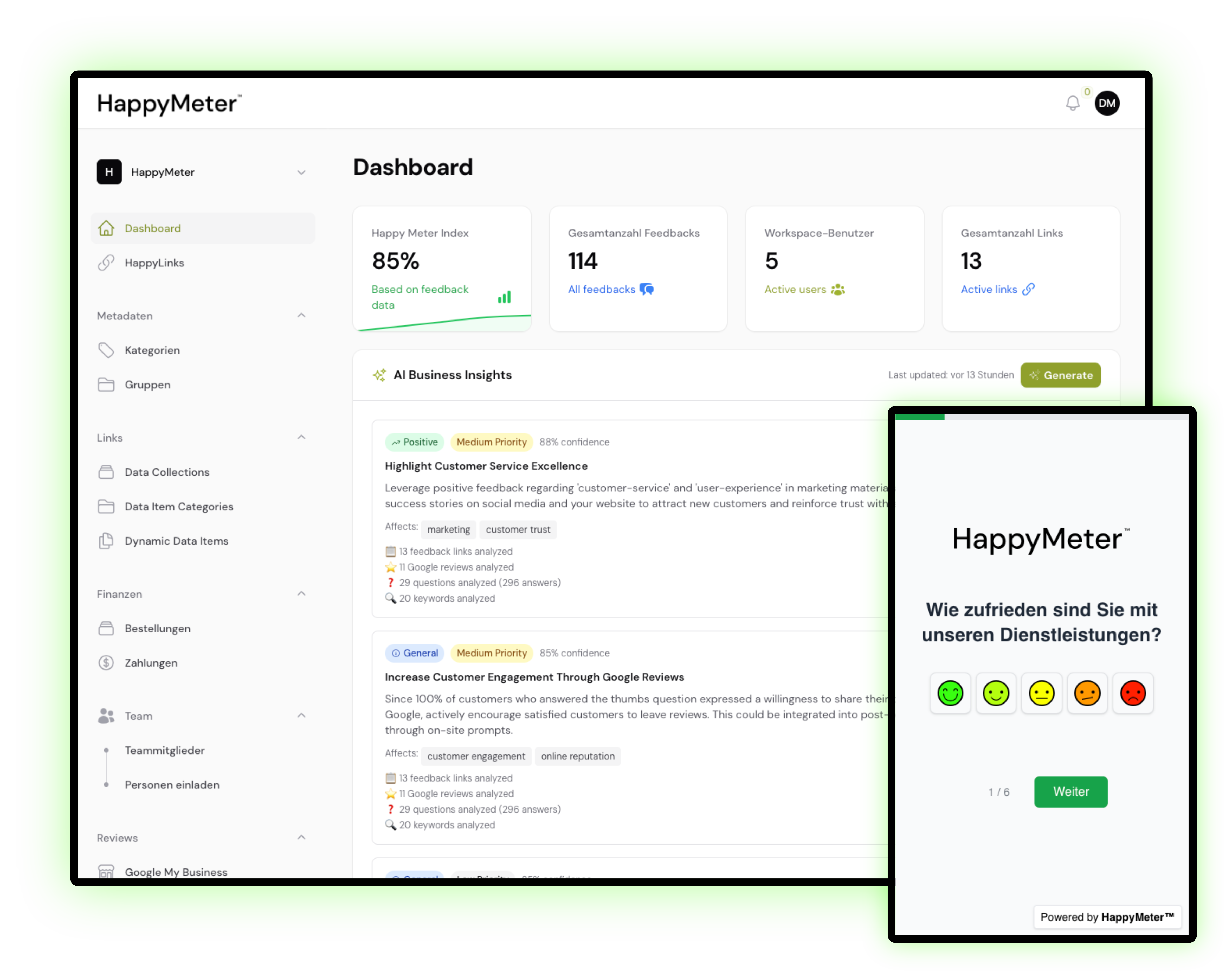 HappyMeter: Dashboard mit Kennzahlen und KI-Insights, davor die mobile Zufriedenheitsumfrage mit Smiley-Skala